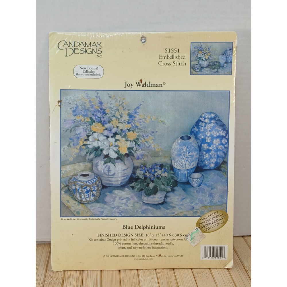 Candamar Designs Blue Delphiniums Embellished Cross Stitch Kit 51551 Joy Waldman